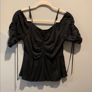 NWT Cefian Black Ruched Puff Sleeve Women's Top Off Shoulder Blouse Size Small